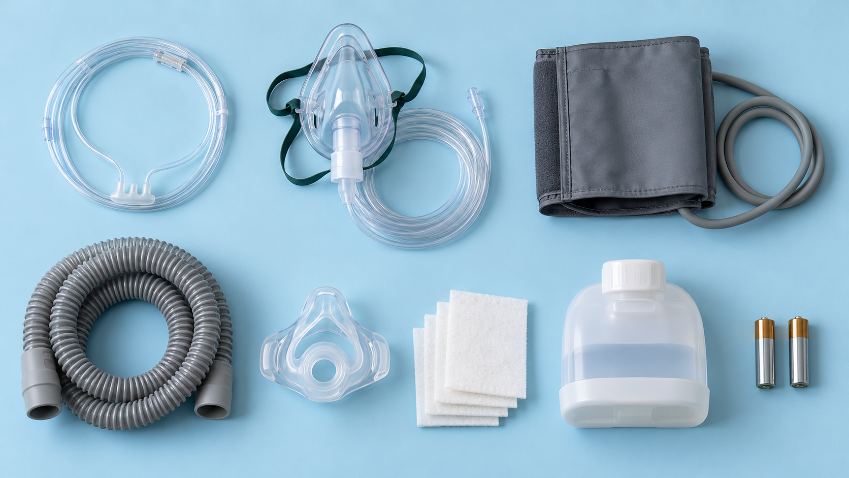Medical equipment accessories laid out: nasal cannula, nebuliser mask, blood pressure cuff, CPAP tubing and filters