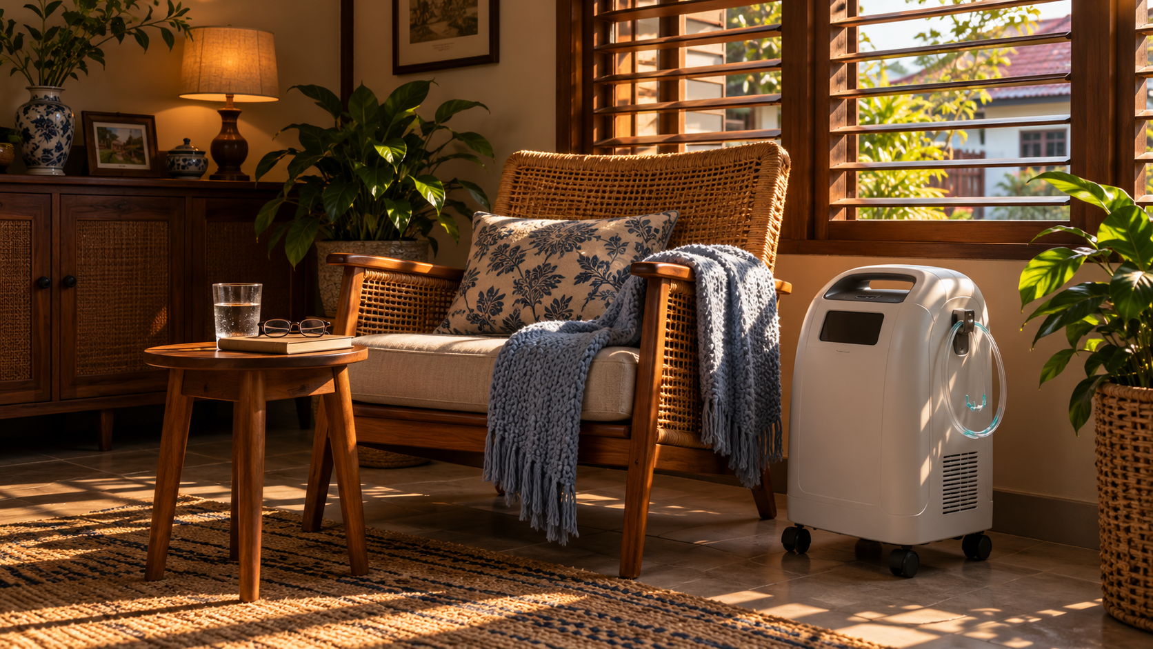 Armchair beside a home oxygen concentrator in a Malaysian terrace house living room