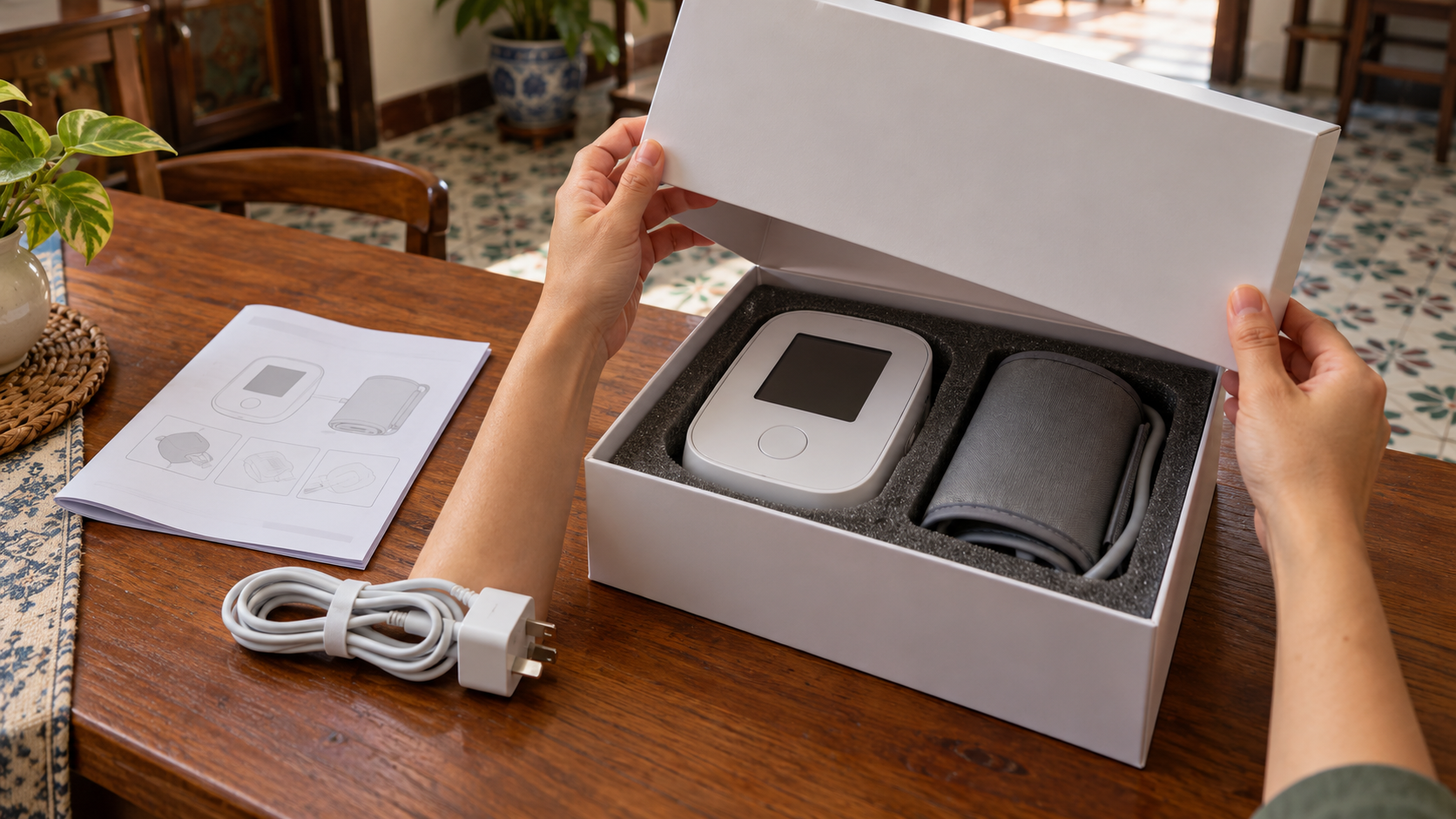 Hands opening a box of home medical equipment on a dining table